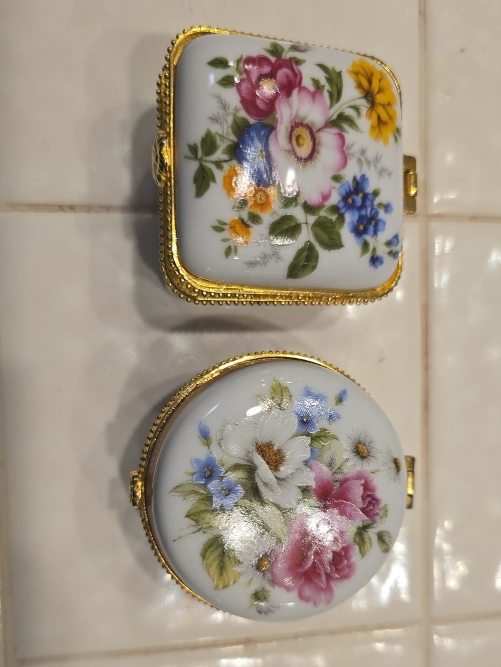 Floral Porcelain Trinket Boxes - Gold Trim (Set of 2)